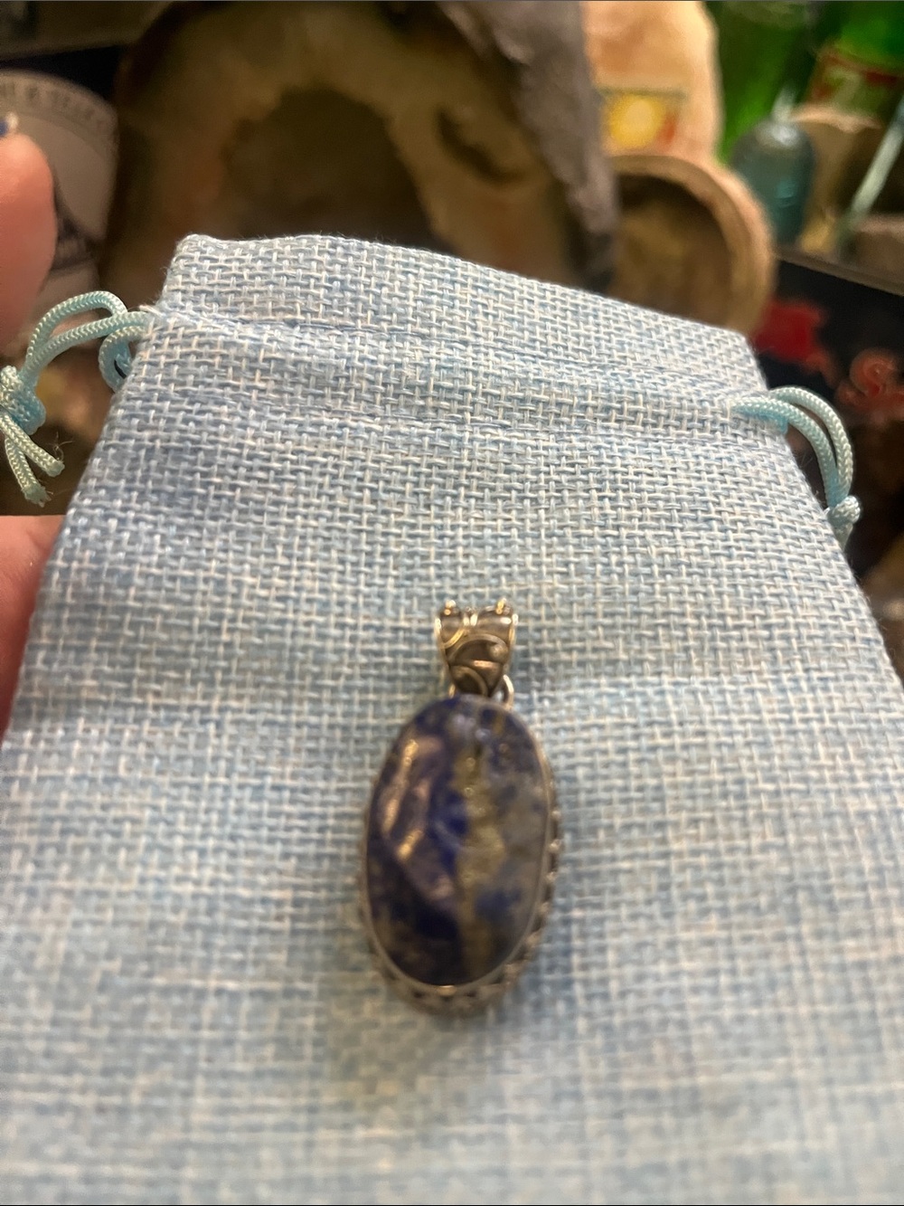 Blue Oval Stone Pendant Necklace - Polished Lapis-Style Drop silver 925 pendant